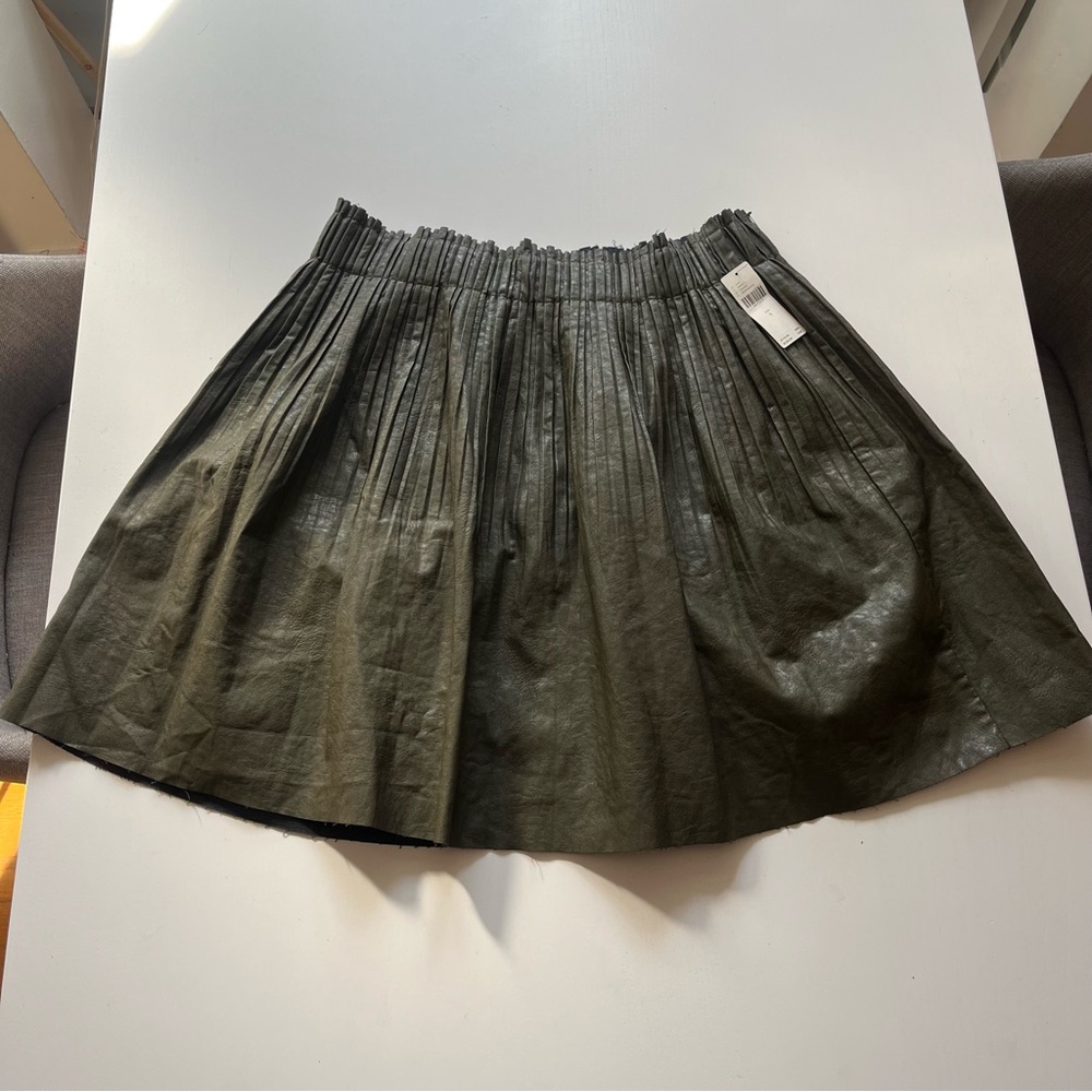 Anthropologie Pleated Vegan Leather Skirt Olive Green